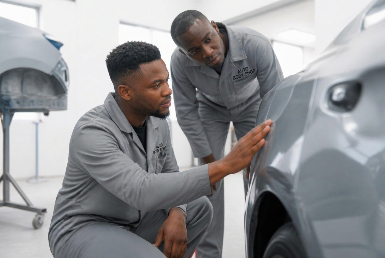 Auto Body Shop technicians inspecting a freshly repaired car panel in Bulawayo